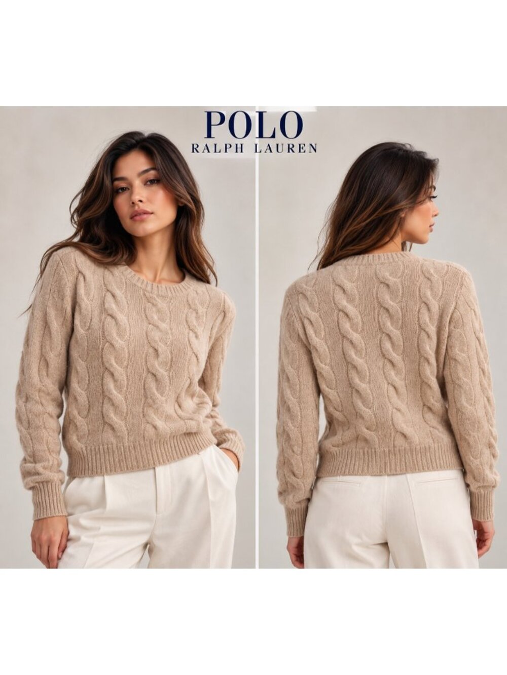 Polo Ralph Lauren 90% Wool Cable Knit Crewneck Sweater Beige M
